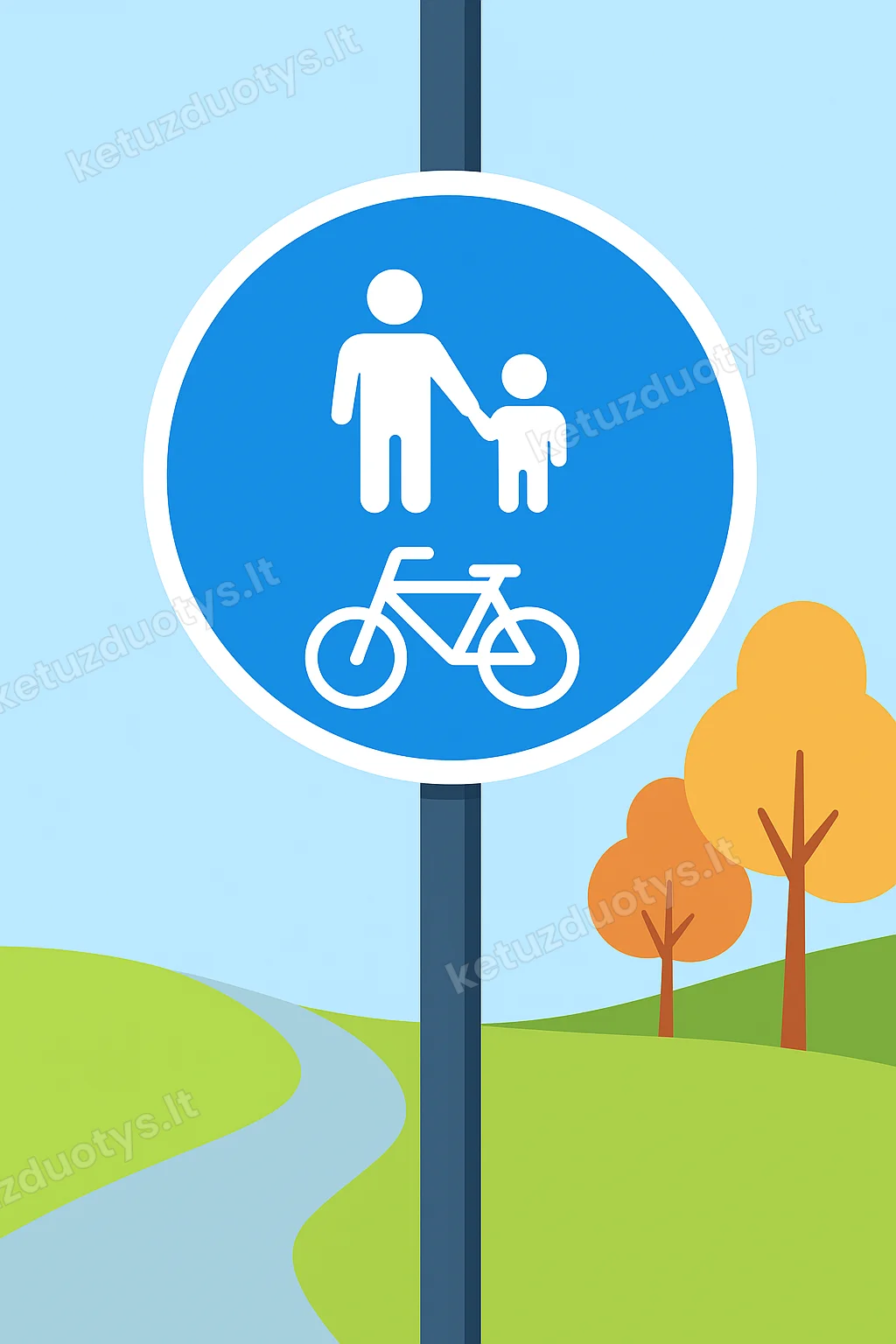 Asphalt path with a white painted marking showing a pedestrian symbol stacked vertically above a bicycle symbol.