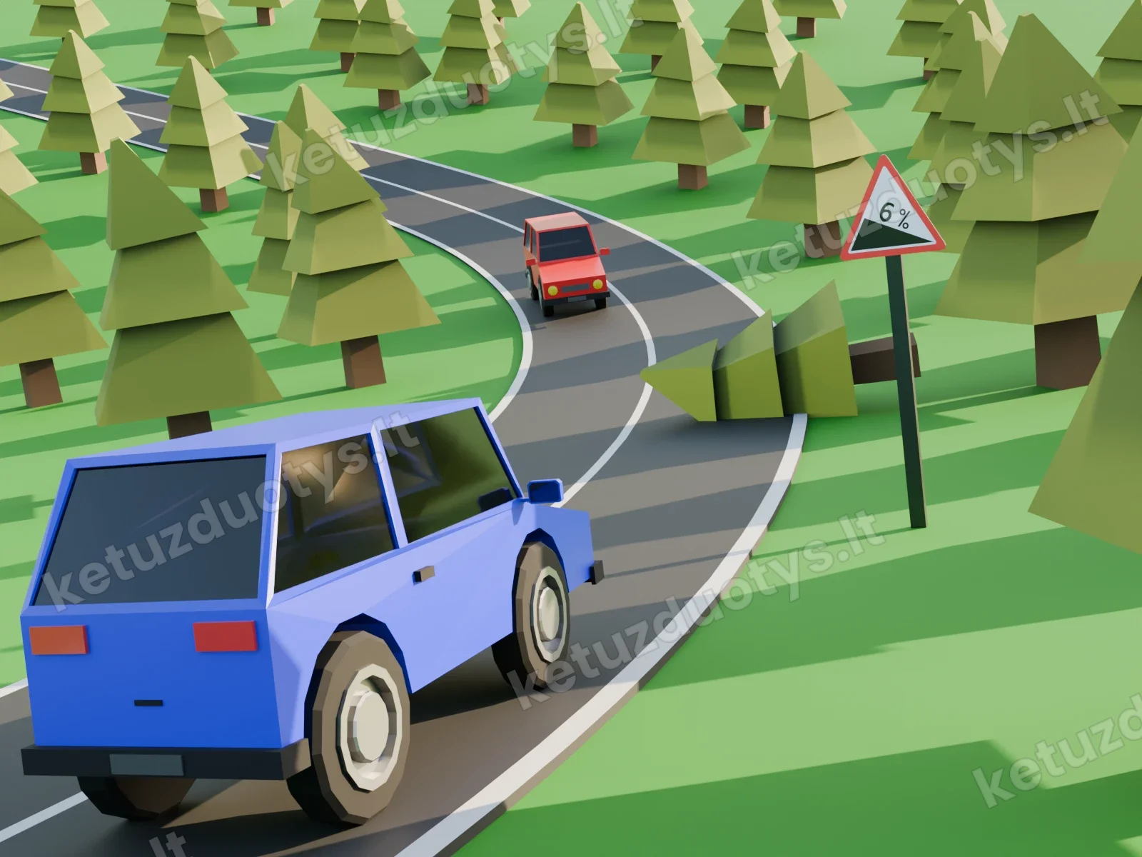 A steep, narrow hill road marked with a 'Stati nuokalnė' sign. Car A is driving downhill. There is an obstruction (e.g., a parked car) in car A's lane. Car B is driving uphill towards car A.