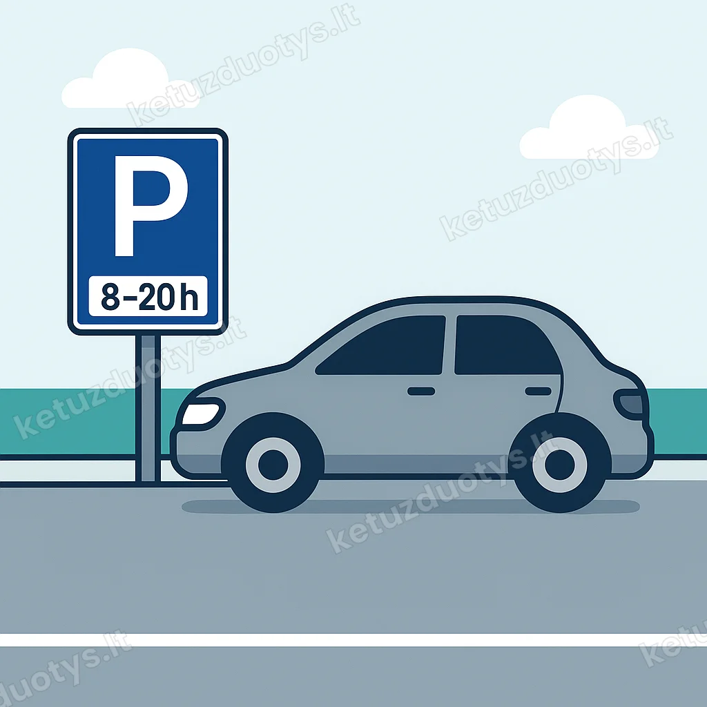 A road sign 'Stovėjimo nurodytu laiku vieta' (Road sign 530) indicating parking is allowed only during specific times. A car with a 'Person with disability' sticker is parked there outside the allowed time.