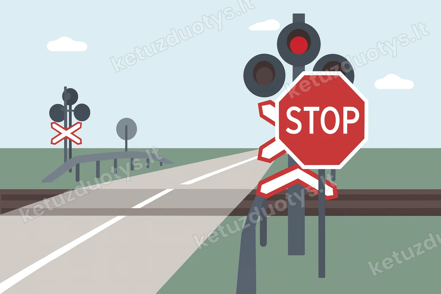 An illustration showing a road crossing railway tracks at the same level. A road sign 'Pervaža be užtvaro' (Road sign 102) is present.